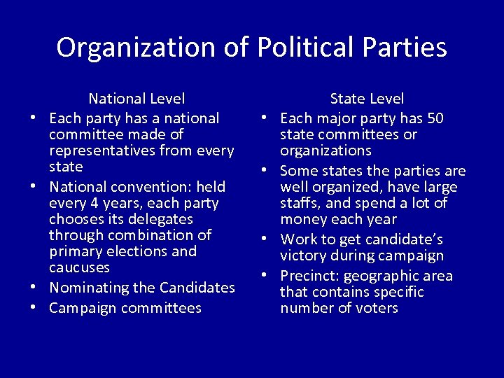 Organization of Political Parties • • National Level Each party has a national committee