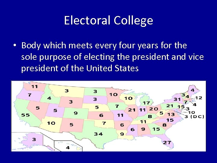 Electoral College • Body which meets every four years for the sole purpose of