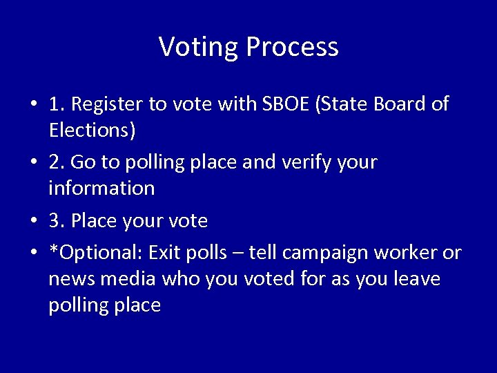 Voting Process • 1. Register to vote with SBOE (State Board of Elections) •