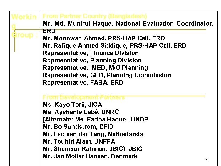 Workin g Group : From Partner Country (Bangladesh) Mr. Md. Munirul Haque, National Evaluation