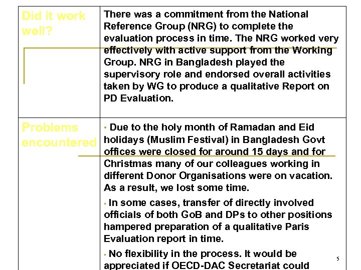 Did it work well? There was a commitment from the National Reference Group (NRG)
