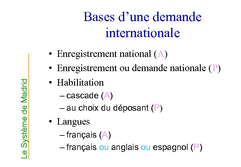 Le Système de Madrid Bases d’une demande internationale • Enregistrement national (A) • Enregistrement