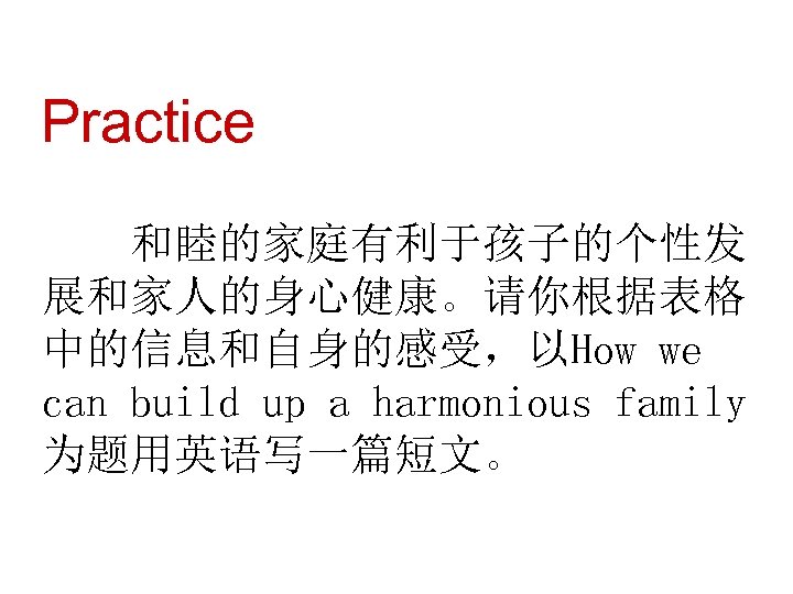 Practice 　　和睦的家庭有利于孩子的个性发 展和家人的身心健康。请你根据表格 中的信息和自身的感受，以How we can build up a harmonious family 为题用英语写一篇短文。 