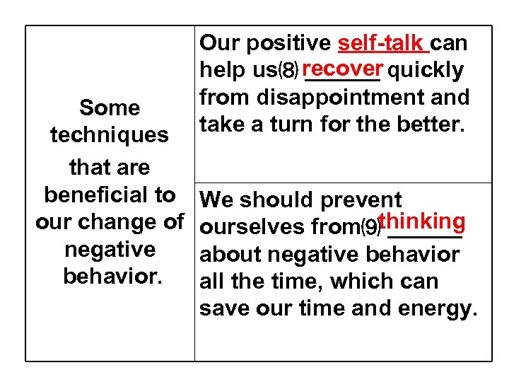 Some techniques that are beneficial to our change of negative behavior. Our positive self-talk