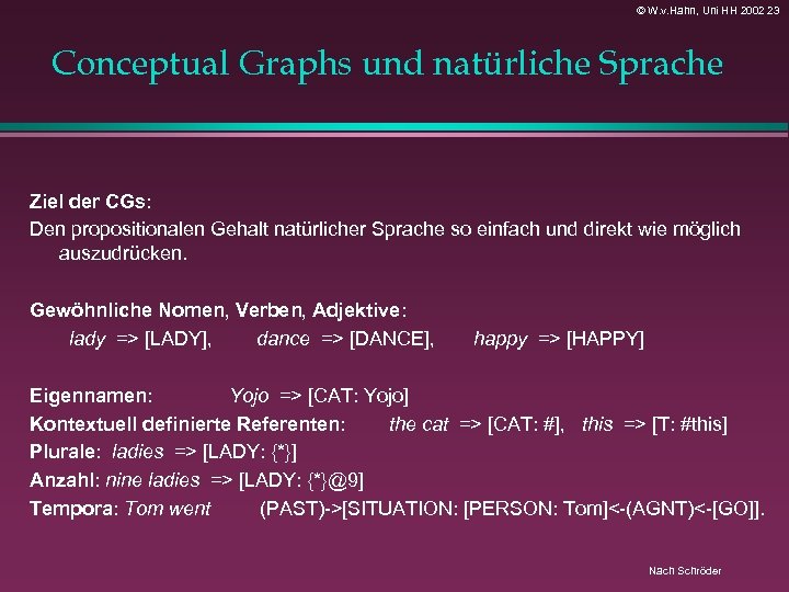 © W. v. Hahn, Uni HH 2002 23 Conceptual Graphs und natürliche Sprache Ziel
