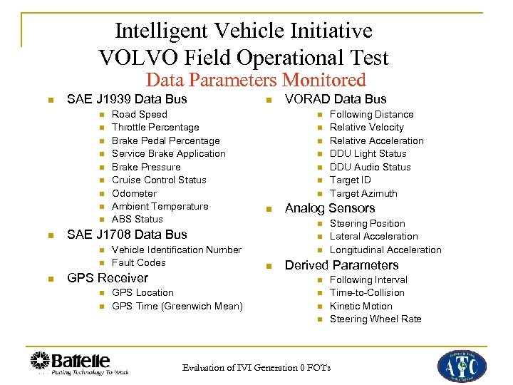 Intelligent Vehicle Initiative VOLVO Field Operational Test Data Parameters Monitored n SAE J 1939