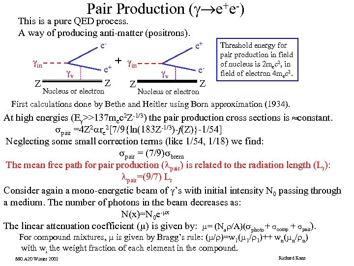 Pair Production (g®e+e-) This is a pure QED process. A way of producing anti-matter