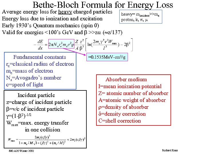 Bethe-Bloch Formula for Energy Loss Average energy loss for heavy charged particles heavy= mincident>>me