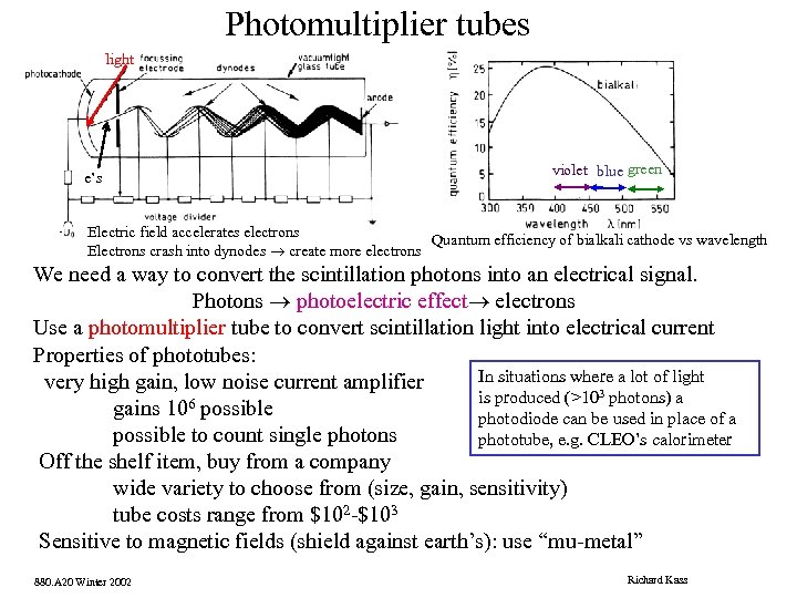 Photomultiplier tubes light e’s violet blue green Electric field accelerates electrons Quantum efficiency of