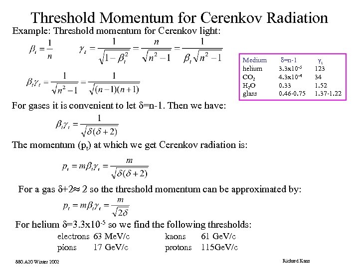 Threshold Momentum for Cerenkov Radiation Example: Threshold momentum for Cerenkov light: Medium helium CO