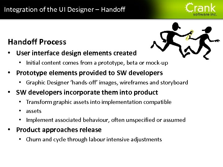 Integration of the UI Designer – Handoff Process • User interface design elements created
