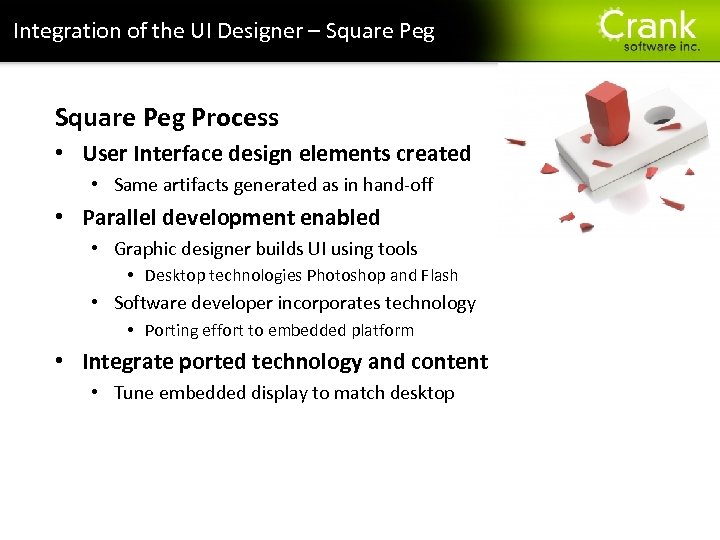 Integration of the UI Designer – Square Peg Process • User Interface design elements