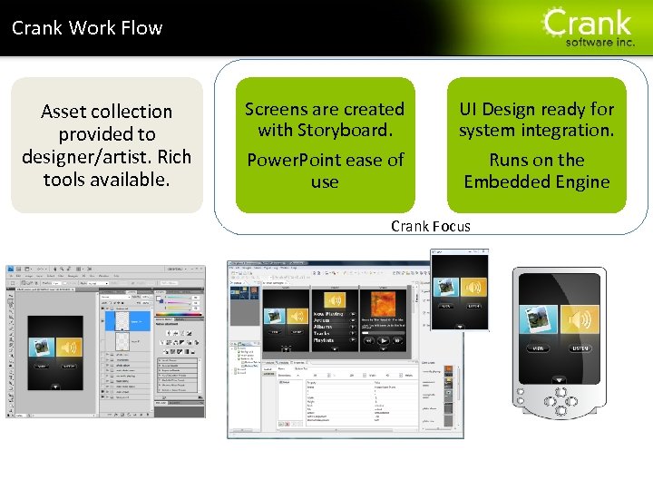 Section title Crank Work Flow Asset collection provided to designer/artist. Rich tools available. Screens