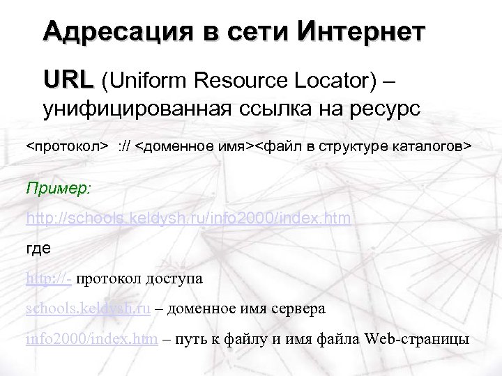 Адресация в сети Интернет URL (Uniform Resource Locator) – унифицированная ссылка на ресурс <протокол>