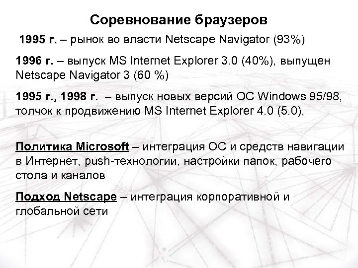 Соревнование браузеров 1995 г. – рынок во власти Netscape Navigator (93%) 1996 г. –