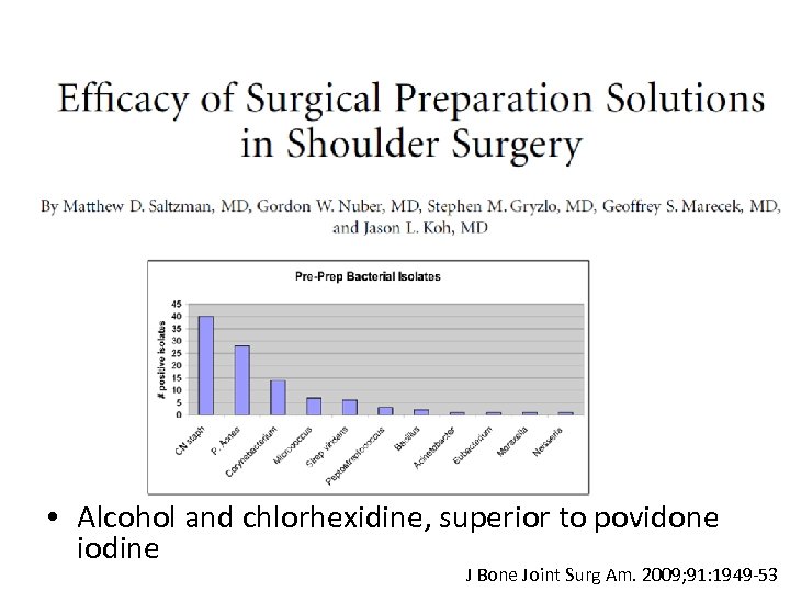  • Alcohol and chlorhexidine, superior to povidone iodine J Bone Joint Surg Am.