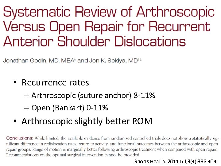  • Recurrence rates – Arthroscopic (suture anchor) 8 -11% – Open (Bankart) 0