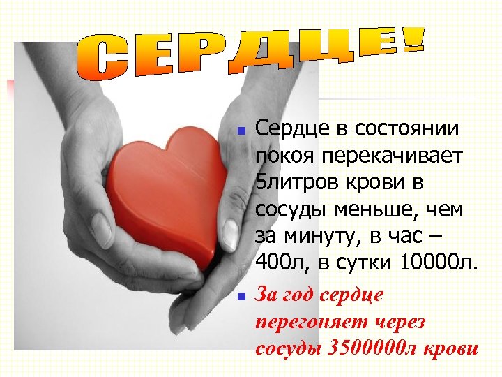 n n Сердце в состоянии покоя перекачивает 5 литров крови в сосуды меньше, чем