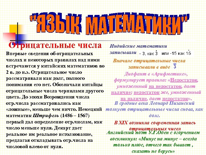 Отрицательные числа Индийские математики записывали Впервые сведения об отрицательных числах и некоторых правилах над
