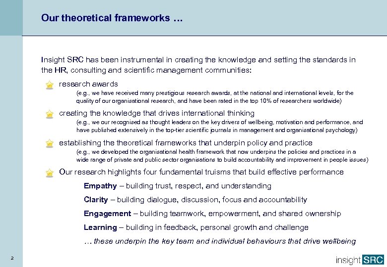Our theoretical frameworks … Insight SRC has been instrumental in creating the knowledge and