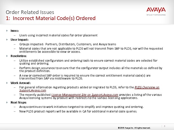 Order Related Issues 1: Incorrect Material Code(s) Ordered 4 Issue: – Users using incorrect