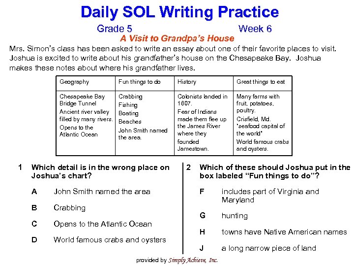 Daily SOL Writing Practice Grade 5 A Visit to Grandpa’s House Week 6 Mrs.