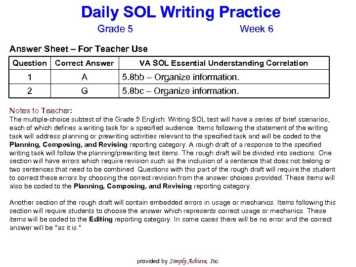 Daily SOL Writing Practice Grade 5 Week 6 Answer Sheet – For Teacher Use