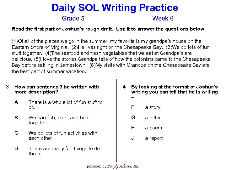 Daily SOL Writing Practice Grade 5 Week 6 Read the first part of Joshua’s