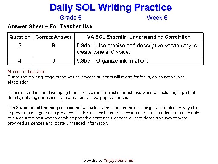 Daily SOL Writing Practice Grade 5 Week 6 Answer Sheet – For Teacher Use