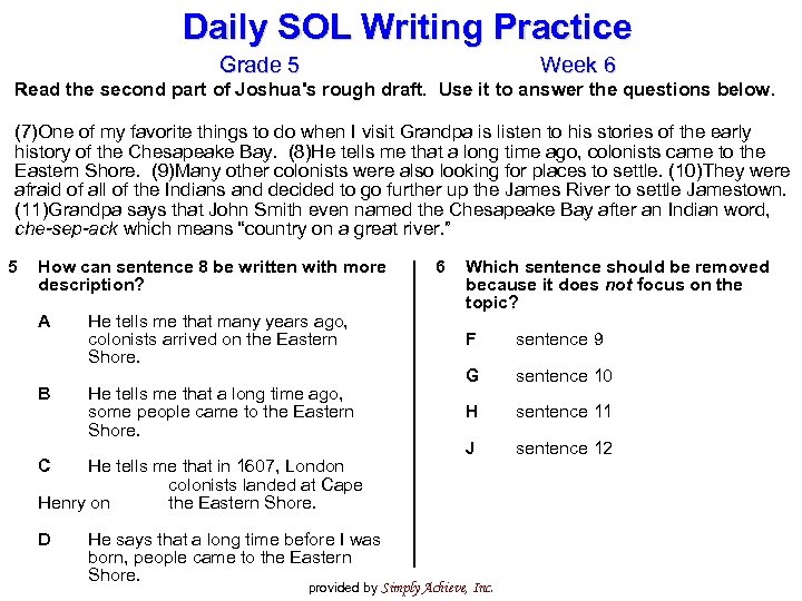 Daily SOL Writing Practice Grade 5 Week 6 Read the second part of Joshua's