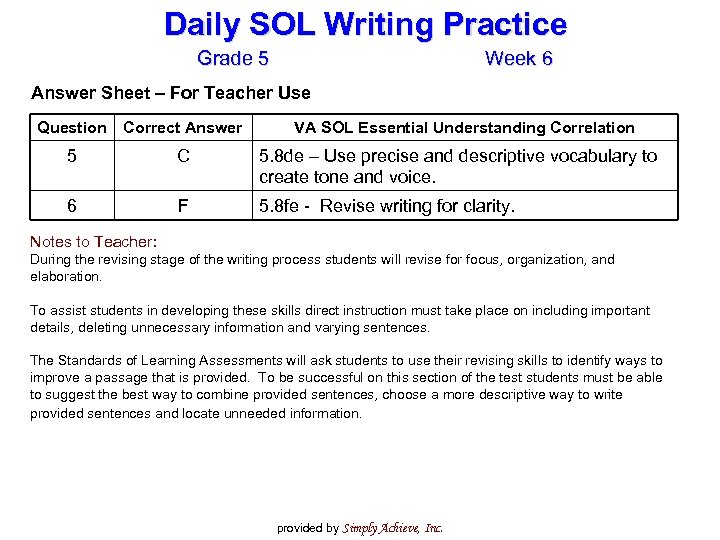 Daily SOL Writing Practice Grade 5 Week 6 Answer Sheet – For Teacher Use