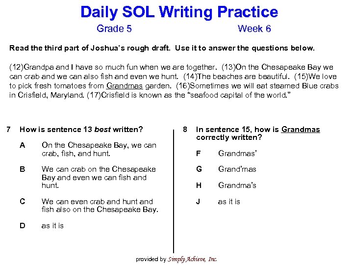 Daily SOL Writing Practice Grade 5 Week 6 Read the third part of Joshua’s