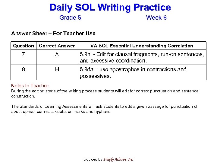 Daily SOL Writing Practice Grade 5 Week 6 Answer Sheet – For Teacher Use