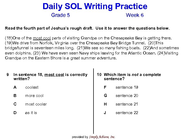 Daily SOL Writing Practice Grade 5 Week 6 Read the fourth part of Joshua’s