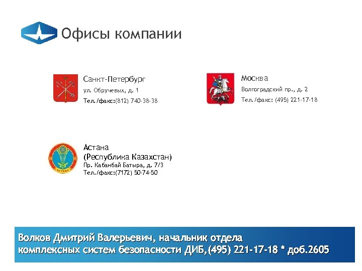 Офисы компании Санкт-Петербург Москва ул. Обручевых, д. 1 Волгоградский пр. , д. 2 Тел.