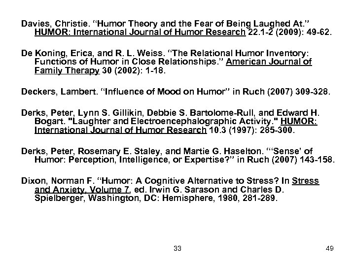 Davies, Christie. “Humor Theory and the Fear of Being Laughed At. ” HUMOR: International