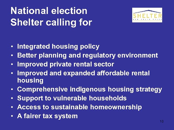 National election Shelter calling for • • Integrated housing policy Better planning and regulatory