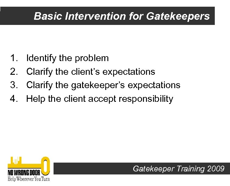Basic Intervention for Gatekeepers 1. 2. 3. 4. Identify the problem Clarify the client’s
