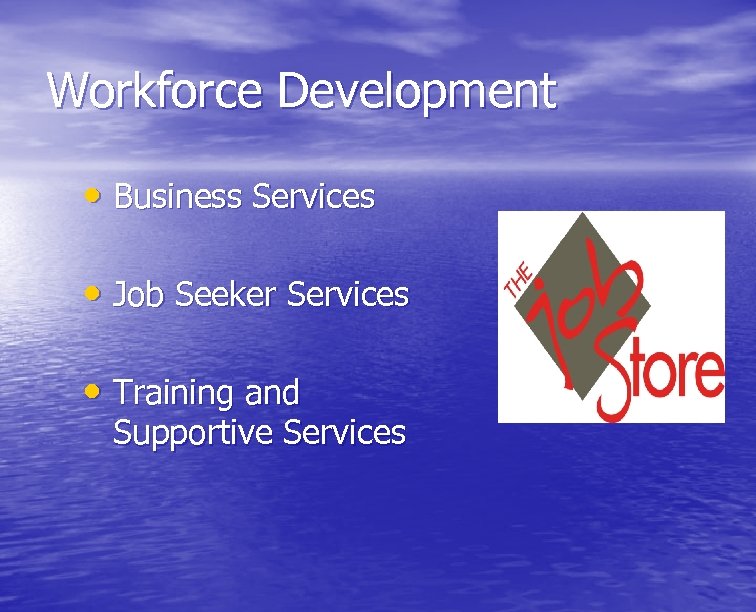 Workforce Development • Business Services • Job Seeker Services • Training and Supportive Services