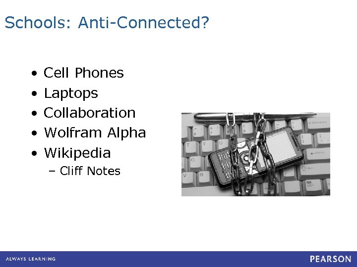 Schools: Anti-Connected? • • • Cell Phones Laptops Collaboration Wolfram Alpha Wikipedia – Cliff