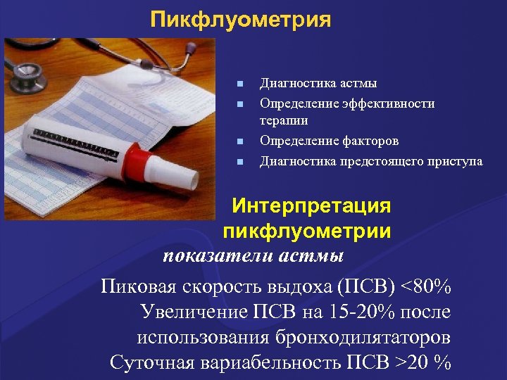 Пикфлуометрия n n Диагностика астмы Определение эффективности терапии Определение факторов Диагностика предстоящего приступа Интерпретация