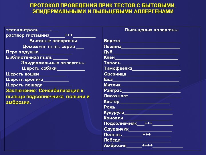 ПРОТОКОЛ ПРОВЕДЕНИЯ ПРИК-ТЕСТОВ С БЫТОВЫМИ, ЭПИДЕРМАЛЬНЫМИ И ПЫЛЬЦЕВЫМИ АЛЛЕРГЕНАМИ тест-контроль ____-___ раствор гистамина______+++_____ Бытовые