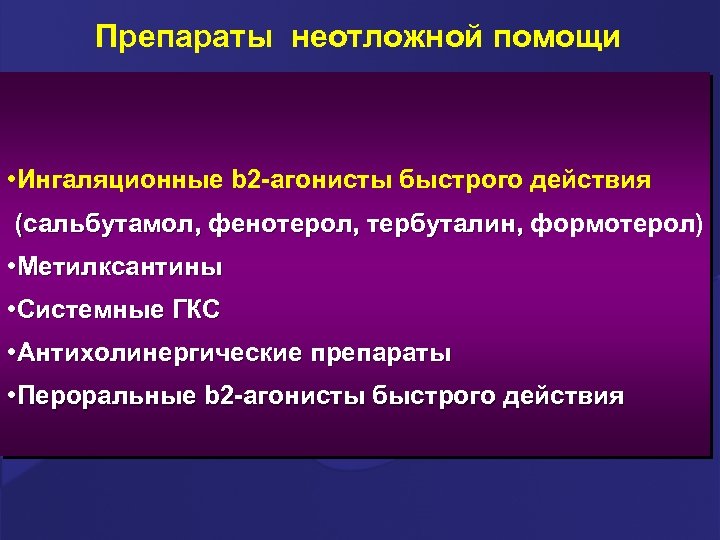 Препараты неотложной помощи • Ингаляционные b 2 -агонисты быстрого действия (сальбутамол, фенотерол, тербуталин, формотерол)