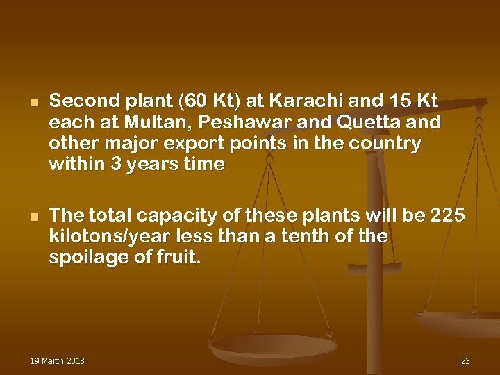 n n Second plant (60 Kt) at Karachi and 15 Kt each at Multan,