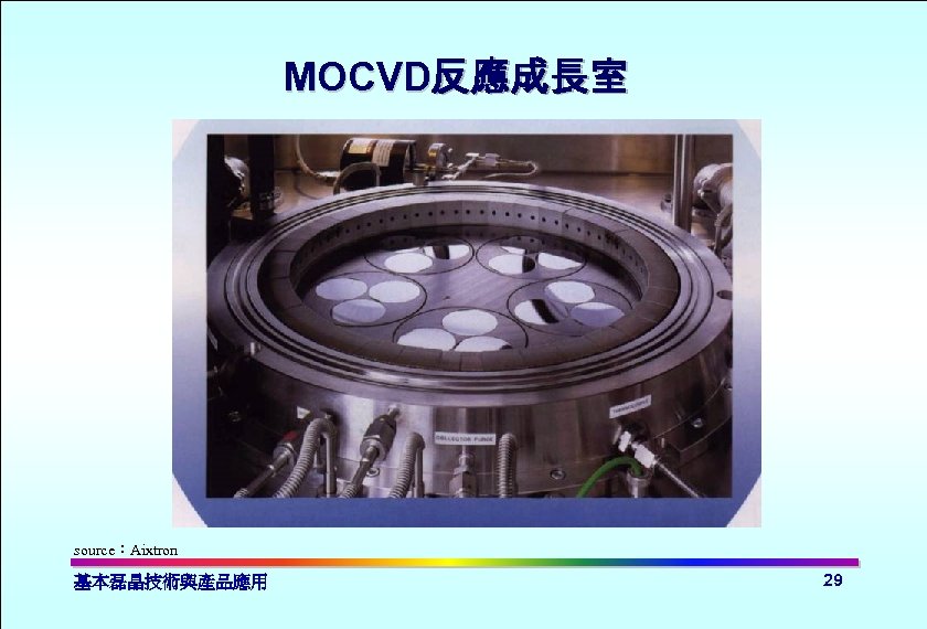 MOCVD反應成長室 source：Aixtron 基本磊晶技術與產品應用 29 