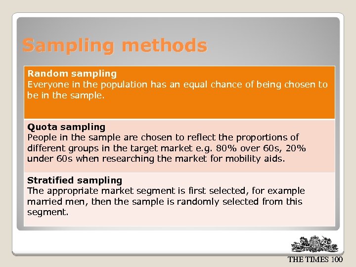 Sampling methods Random sampling Everyone in the population has an equal chance of being