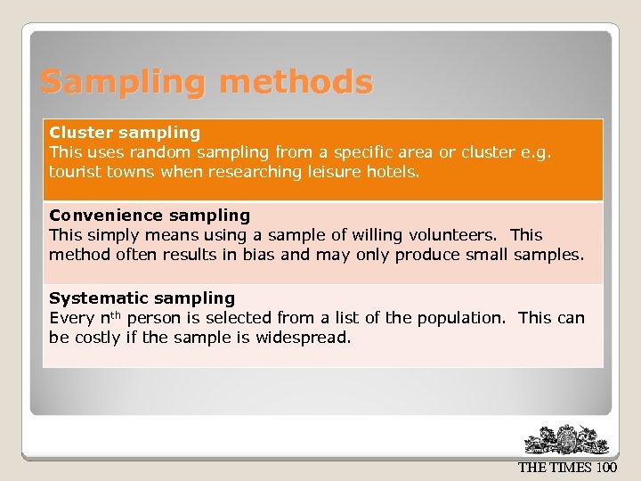 Sampling methods Cluster sampling This uses random sampling from a specific area or cluster