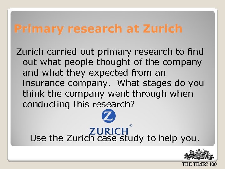Primary research at Zurich carried out primary research to find out what people thought