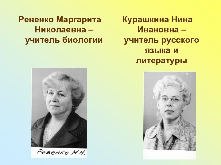 Ревенко Маргарита Николаевна – учитель биологии Курашкина Нина Ивановна – учитель русского языка и