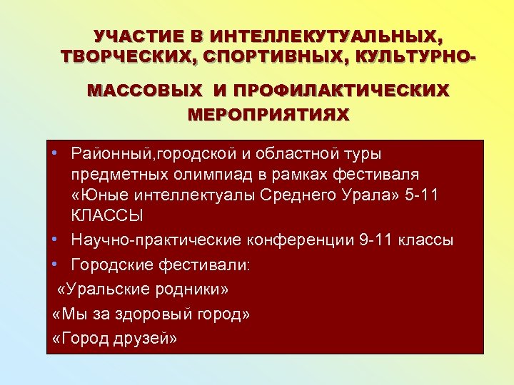 УЧАСТИЕ В ИНТЕЛЛЕКУТУАЛЬНЫХ, ТВОРЧЕСКИХ, СПОРТИВНЫХ, КУЛЬТУРНОМАССОВЫХ И ПРОФИЛАКТИЧЕСКИХ МЕРОПРИЯТИЯХ • Районный, городской и областной